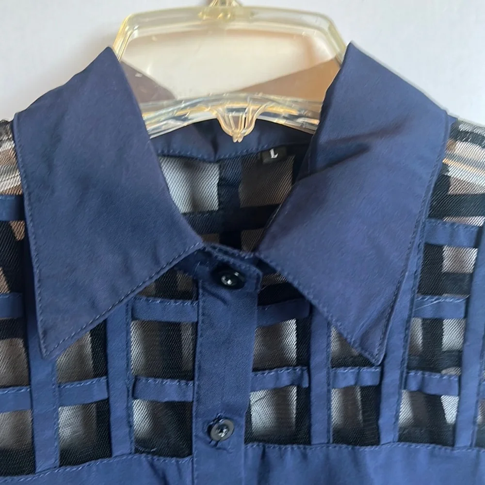 Navy Sleeveless Women's Top with Mesh Detail - Picture 3 of 4